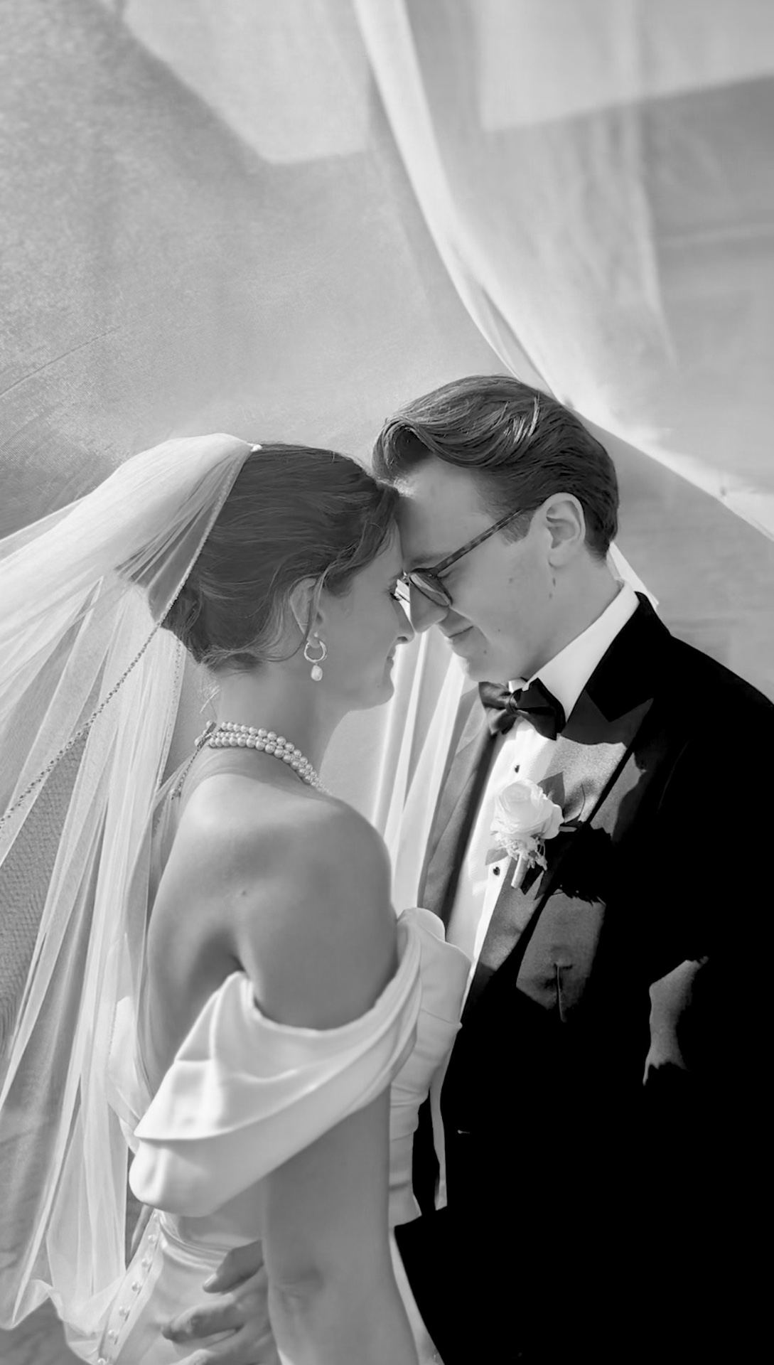 Bride and groom close together under the veil